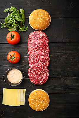 포토 JPG 해외이미지 토마토 식재료 치즈 패스트푸드 사람없음 햄버거 상추 준비 패티 플랫레이 해외포토 채소 유제품 플랫 인스턴트 파일형식 이미지허브