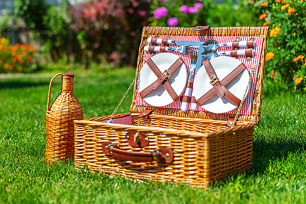 포토 JPG 해외이미지 주간 접시 포크 잔디 사람없음 야외 아웃포커스 소풍 숟가락 나이프 병 소풍바구니 해외포토 자연요소 식물 식기 촬영기법 수저 야외활동 바구니 칼 파일형식 이미지허브