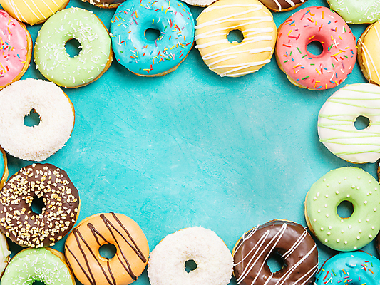 포토 JPG 해외이미지 하늘색 디저트 프레임 실내 사람없음 여러개 도넛 플랫레이 카피스페이스 해외포토 음식 다수 내부 파란색 공백 플랫 파일형식 이미지허브