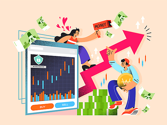 전신 여자 남자 화살표 일러스트 모바일 들기 성인 두명 경제 동전 총 하트 만원 돈다발 주식 재테크 금화 온라인 인터넷창 연분홍색 주가상승 주식거래 주식투자 주식표 성인만 머니건 국내일러스트 AI파일 모양 무기 분홍색 지폐 돈 인터넷 모션 사람 금융 거래 황금 투자 상승 파일형식 벡터