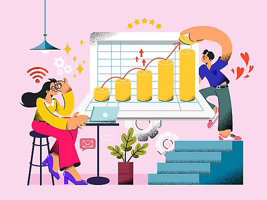 전신 여자 남자 화분 분홍색 의자 일러스트 탁자 조명 들기 앉기 성인 두명 경제 노트북 쌓기 계단 동전 저축 재테크 톱니바퀴 통장 와이파이 금화 다리들기 동전탑 적금 성인만 안경낌 국내일러스트 AI파일 안경 컬러 가구 돈 모션 사람 금융 전자제품 황금 무선인터넷 파일형식 벡터