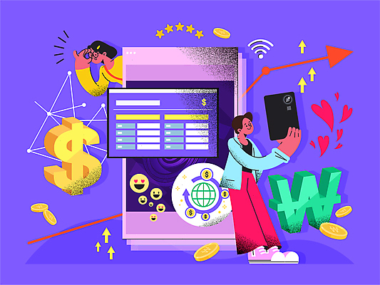 전신 여자 남자 화살표 일러스트 모바일 서기 들기 상반신 성인 두명 경제 스마트폰 달러 보라색 동전 하트 원화 재테크 외화 상승 금화 환율 온라인 이모티콘 환전 성인만 안경낌 국내일러스트 AI파일 모양 안경 컬러 컨셉 돈 모션 사람 금융 핸드폰 스마트기기 황금 파일형식 벡터