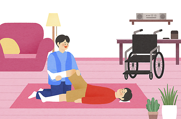 전신 PSD 남자 화분 거실 일러스트 성인 두명 소파 눕기 카펫 스탠드 잡기 무릎꿇기 장애인 책상 휠체어 라디오 다리들기 돌봄 물리치료사 재활 성인남자만 돌봄서비스 국내일러스트 가구 의자 모션 조명 사람 치료 전자제품 서비스 장애 치료사 남자만 성인만 파일형식