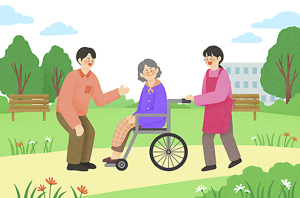 전신 PSD 나무 구름 공원 여자 노년 남자 꽃 할머니 벤치 일러스트 함께함 병원 앉기 성인 세명 앞치마 산책 잡기 사회복지 휠체어 외출 노인복지 요양원 노인요양 보호자 요양보호사 동행 돌봄 돌봄서비스 돌보미 국내일러스트 자연요소 식물 직업 공공시설 컨셉 의자 의학 모션 휴식 사람 복지 서비스 요양 파일형식