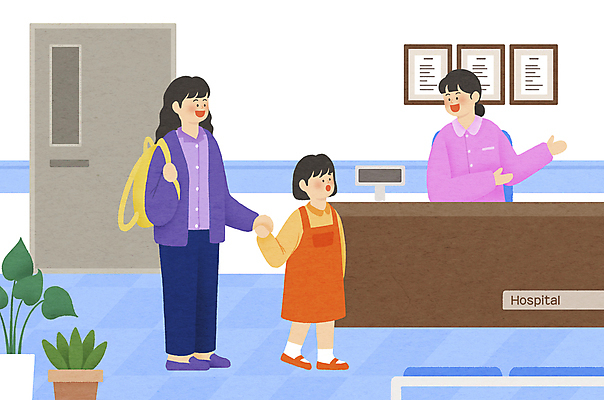 전신 PSD 여자 화분 어린이 의자 일러스트 모녀 안내 책가방 병원 서기 소녀 상반신 성인 세명 문 손잡기 간호사 프런트 방문 동행 돌봄 접수 접수대 여자만 어린이병원 돌봄서비스 아이돌봄 국내일러스트 딸 가구 가방 의학 가족 모션 엄마 사람 의료진 서비스 파일형식