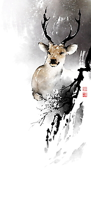PSD 한마리 겨울 일러스트 캘리그라피 붓터치 앉기 사람없음 나뭇가지 동양화 번짐 낙관 사슴뿔 숫사슴 겨울풍경 국내일러스트 나무 1 계절 모션 사슴 뿔 미술 풍경 수컷 파일형식 효과