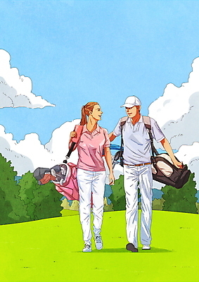 전신 PSD 나무 구름 여자 남자 골프 일러스트 골프장 필드 하늘 골프클럽 대화 미소 성인 두명 걷기 골프채 골프가방 골프웨어 소통 캡모자 성인만 국내일러스트 자연요소 식물 모자_잡화 옷 컨셉 가방 스포츠시설 모션 골프용품 표정 말하기 사람 구기 파일형식