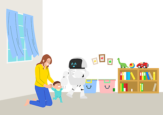 전신 여자 남자 아들 일러스트 창문 엄마 책장 서기 성인 두명 책 장난감 손잡기 육아 아기 무릎꿇기 걸음마 장난감박스 휴머노이드 국내일러스트 AI파일 모자관계 가구 가족 모션 사람 상자 로봇 파일형식 벡터