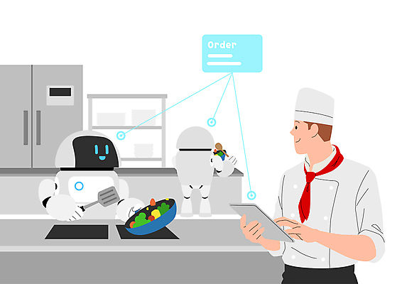 전신 남자 일러스트 요리 한명 미소 들기 상반신 성인 태블릿 주방 식당 주방장 요리사 회색 프라이팬 뒤집개 성인남자한명만 휴머노이드 국내일러스트 AI파일 직업 1 컬러 모션 주방용품 표정 사람 전자제품 스마트기기 상점 로봇 남자한명만 성인남자만 파일형식 벡터