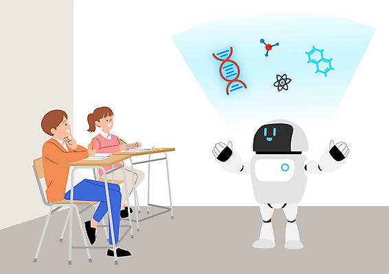 전신 학생 응시 여자 교육 남자 어린이 의자 일러스트 교실 학교 수업 앉기 손짓 소녀 소년 두명 스크린 책상 과학교육 어린이만 휴머노이드 국내일러스트 AI파일 시선 과학 가구 모션 사람 로봇 파일형식 벡터