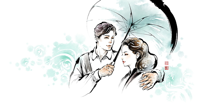 PSD 커플 여자 남자 데이트 일러스트 우산 캘리그라피 어깨동무 붓터치 들기 상반신 성인 두명 먹 동양화 번짐 연애 낙관 성인만 어깨에손 국내일러스트 포즈 관계 모션 서예 미술 사람 파일형식 효과