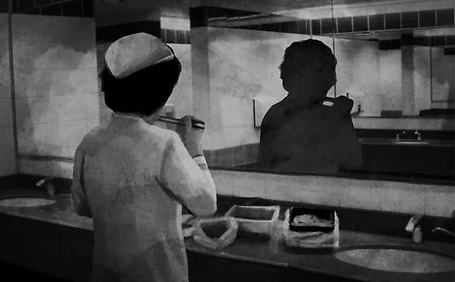 PSD 여자 일러스트 젓가락 한명 서기 들기 상반신 성인 반사 식사 거울 슬픔 사회이슈 세면대 화장실 도시락 냄새 청소부 도시락통 성인여자한명만 갑질 국내일러스트 직업 1 감정 음식 컨셉 모션 수저 사람 용기_그릇 여자한명만 성인여자만 파일형식