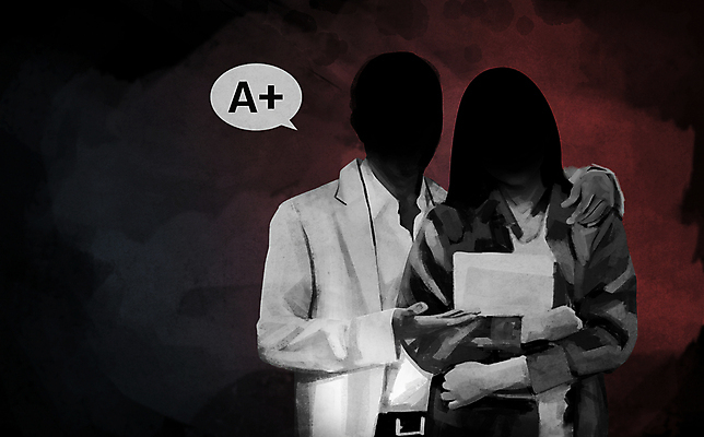 PSD 여자 남자 대학생 말풍선 일러스트 들기 상반신 성인 두명 책 검은색 교수 사회이슈 에이플러스 학점 성추행 성희롱 성인만 어깨에손 갑질 국내일러스트 학생 컬러 컨셉 모션 사람 교사 성적 점수 성범죄 파일형식