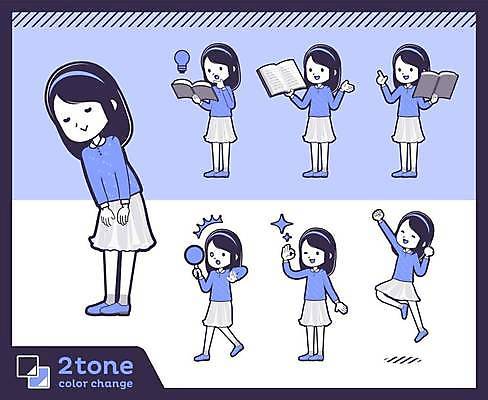 EPS 해외이미지 전신 여자 행복 어린이 포즈 일러스트 아이디어 들기 여러명 책 파란색 세트 점프 놀람 인사 OK 긍정 발견 소녀만 해외일러스트 감정 컬러 다수 컨셉 모션 표정 사람 손짓 예절 여자만 어린이만 파일형식 벡터 이미지허브