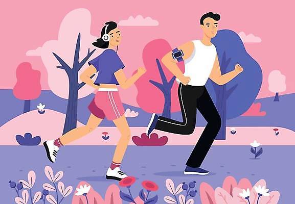 EPS 해외이미지 전신 라이프스타일 커플 여자 남자 분홍색 일러스트 성인 두명 운동복 달리기 운동 헤드셋 남색 성인만 해외일러스트 옷 컬러 음향기기 관계 모션 건강 사람 생활 헤드폰 파일형식 벡터 이미지허브