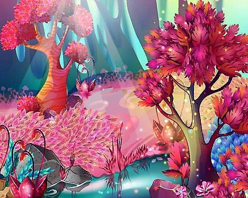 EPS 해외이미지 나무 분홍색 일러스트 사람없음 그래픽 강 게임 숲 소재 환상 해외일러스트 식물 컬러 컨셉 놀이 파일형식 벡터 이미지허브