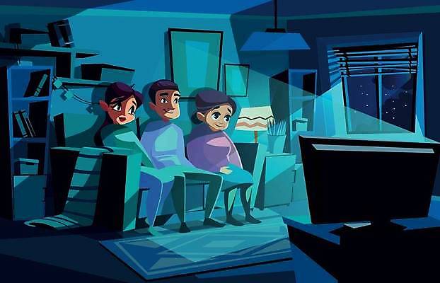 EPS 해외이미지 전신 여자 남자 액자 일러스트 창문 가족 책장 실내 앉기 성인 책 세명 소파 텔레비전 카펫 야간 티비시청 성인만 해외일러스트 자연요소 가구 의자 관계 모션 사람 내부 전자제품 시청_보고들음 파일형식 벡터 이미지허브