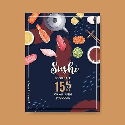 EPS 해외이미지 포스터 일러스트 젓가락 주전자 사람없음 파란색 초밥 고추냉이 간장 메뉴판 종지 계란초밥 새우초밥 연어알 일본음식 참치초밥 해외일러스트 그릇 음식 컬러 주방용품 새우 수저 알 양념 파일형식 벡터 이미지허브