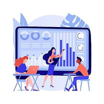 EPS 해외이미지 전신 여자 남자 의자 일러스트 비즈니스 그래프 앉기 성인 세명 노트북 자료 가리킴 책상 성인만 해외일러스트 가구 모션 사람 손짓 전자제품 파일형식 벡터 이미지허브