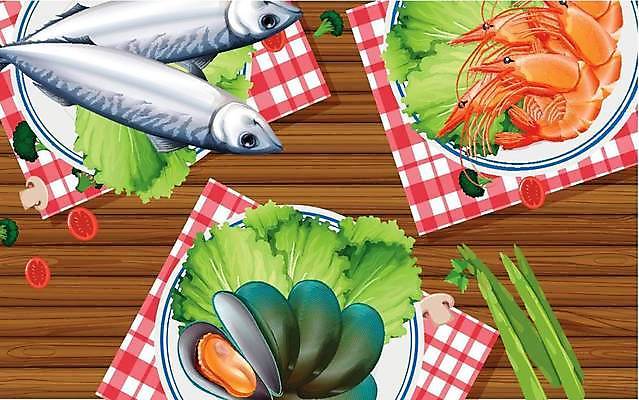 EPS 해외이미지 접시 채소 일러스트 방울토마토 탁자 새우 사람없음 버섯 아스파라거스 홍합 고등어 해외일러스트 식기 가구 토마토 어패류 갑각류 어류 파일형식 벡터 이미지허브