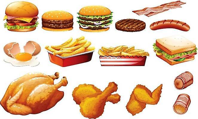 EPS 해외이미지 음식 일러스트 패스트푸드 샌드위치 사람없음 계란 치킨 감자튀김 햄버거 소시지 계란껍데기 베이컨 핫도그 패티 해외일러스트 감자 돼지고기 알 튀김 가공식품 인스턴트 닭고기요리 파일형식 벡터 이미지허브