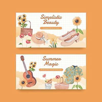 EPS 해외이미지 모자 라이프스타일 옷 구두 잎 가방 일러스트 해바라기 수채화 사람없음 여름 주황색 기타 해외일러스트 식물 잡화 계절 꽃 컬러 신발 현악기 생활 파일형식 벡터 이미지허브