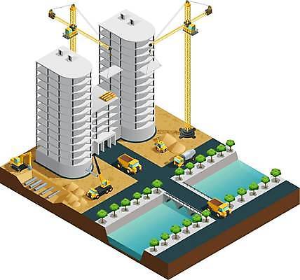 EPS 해외이미지 나무 일러스트 건설업 공사 빌딩 사람없음 건물 강 건설현장 중장비 타워크레인 산업현장 덤프트럭 아이소메트릭 공업현장 휠굴삭기 해외일러스트 식물 건축물 산업 트럭 산업장비 포크레인 기중기 파일형식 벡터 이미지허브