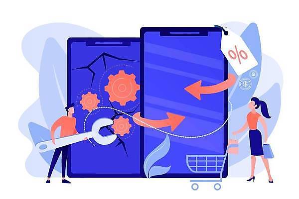 EPS 해외이미지 여자 남자 일러스트 들기 성인 두명 파란색 스마트폰 스패너 수리 교체 중고 성인만 코랄 해외일러스트 컬러 모션 사람 핸드폰 스마트기기 공구 파일형식 벡터 이미지허브