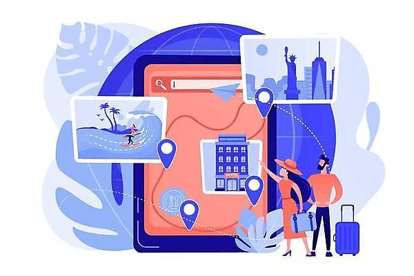 EPS 해외이미지 전신 커플 여자 남자 여행 일러스트 성인 두명 파란색 태블릿 가리킴 네비게이션 성인만 코랄 해외일러스트 컬러 관계 사람 손짓 전자제품 스마트기기 파일형식 벡터 이미지허브