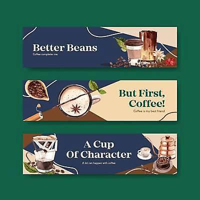 EPS 해외이미지 템플릿 배너 가로배너 꽃 커피 잎 일러스트 사람없음 카페 원두 커피잔 커피포트 남색 그라인더 라떼 베이지색 테이크아웃컵 핸드드립 배너세트 팔각회향 해외일러스트 식물 음료 컬러 주전자 잔 컵 가로 세트 상점 향신료 커피용품 파일형식 벡터 이미지허브