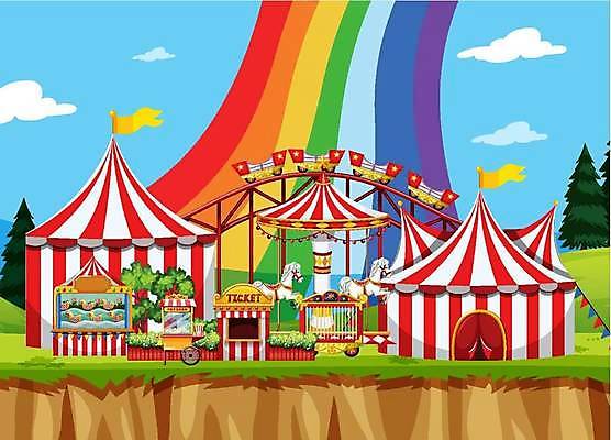 EPS 해외이미지 나무 무지개 일러스트 사람없음 놀이공원 서커스 회전목마 롤러코스터 매표소 해외일러스트 자연요소 식물 테마파크 놀이기구 파일형식 벡터 이미지허브