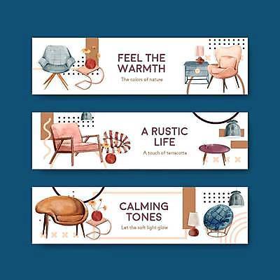 EPS 해외이미지 템플릿 배너 가로배너 쿠션 의자 일러스트 조명 사람없음 인테리어 꽃병 흰색 스탠드 서랍장 원형탁자 배너세트 해외일러스트 디자인 꽃 컬러 가구 탁자 가로 세트 파일형식 벡터 이미지허브