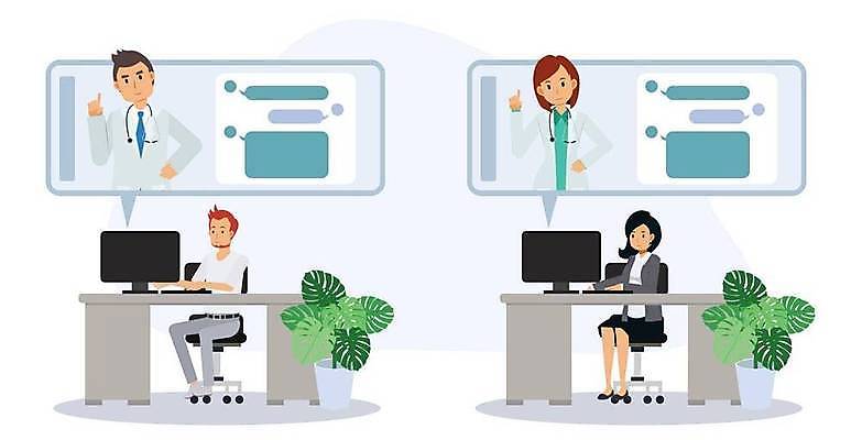 EPS 해외이미지 전신 여자 남자 허리손 의자 일러스트 앉기 여러명 상반신 성인 스크린 모니터 환자 의료진 의사 책상 원격의료 성인만 해외일러스트 직업 포즈 가구 다수 의학 모션 사람 컴퓨터 진료 원격 파일형식 벡터 이미지허브