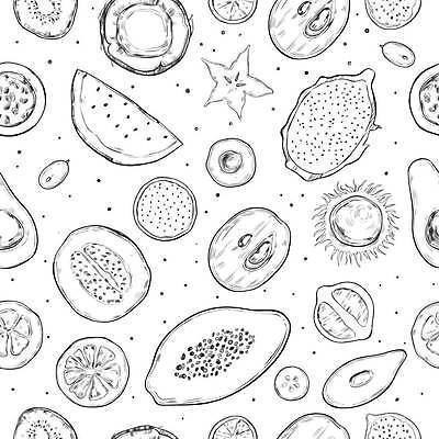 EPS 해외이미지 디자인 조각 패턴 일러스트 수박 바나나 사람없음 스케치 레몬 열대과일 반쪽 코코넛 아보카도 무화과 내추럴 용과 파파야 스타후르츠 해외일러스트 무늬 과일 미술 파일형식 벡터 이미지허브