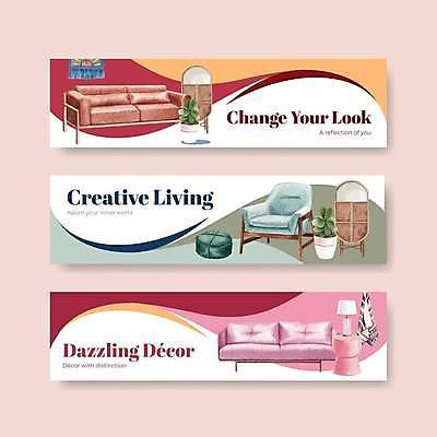 EPS 해외이미지 템플릿 배너 가로배너 화분 분홍색 곡선 의자 일러스트 탁자 사람없음 초록색 인테리어 소파 노란색 거울 스탠드 배너세트 해외일러스트 디자인 선 컬러 가구 조명 가로 세트 파일형식 벡터 이미지허브