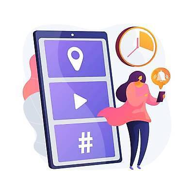 EPS 해외이미지 전신 여자 시계 말풍선 일러스트 한명 서기 들기 성인 스마트폰 디지털 알림 메뉴 알림종 성인여자한명만 디지털라이프 앱푸시 해외일러스트 1 라이프스타일 모션 사람 핸드폰 스마트기기 여자한명만 성인여자만 파일형식 벡터 이미지허브