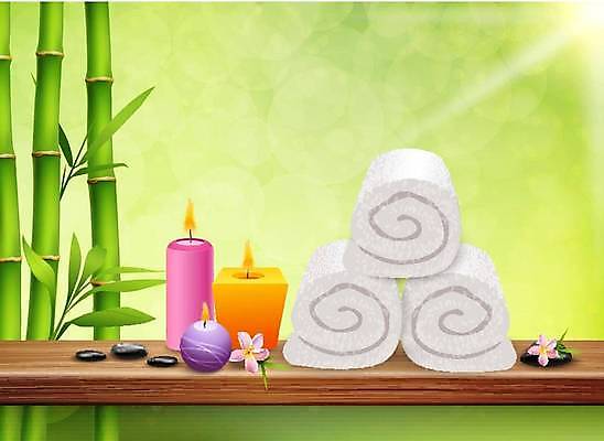 EPS 해외이미지 일러스트 사람없음 연두색 수건 스파 조약돌 대나무 스파용품 향초 스톤 해외일러스트 나무 초 초록색 위생용품 돌_바위 오브젝트 파일형식 벡터 이미지허브