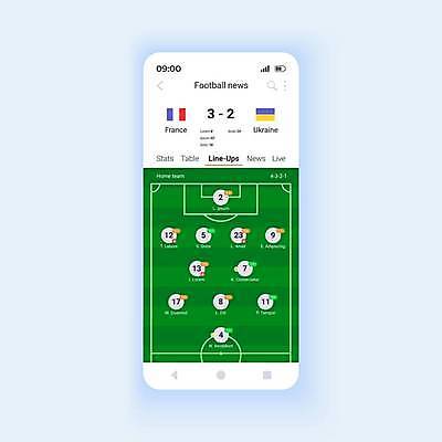 EPS 해외이미지 디자인 일러스트 모바일 경기 사람없음 초록색 스마트폰 디지털 스크린 축구 프랑스 흰색 뉴스 축구장 스마트 레이아웃 축구경기 중계 UI 우크라이나 우크라이나국기 인터페이스 프랑스국기 목업 와이어프레임 해외일러스트 유럽 스포츠 컬러 컨셉 스포츠시설 핸드폰 스마트기기 구기 국기 방송 파일형식 벡터 이미지허브