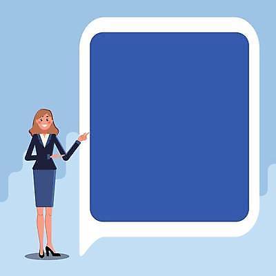 EPS 해외이미지 여자 말풍선 일러스트 프레임 한명 정장 성인 파란색 사각형 가리킴 성인여자한명만 카피스페이스 해외일러스트 도형 1 옷 컬러 사람 손짓 공백 여자한명만 성인여자만 파일형식 벡터 이미지허브