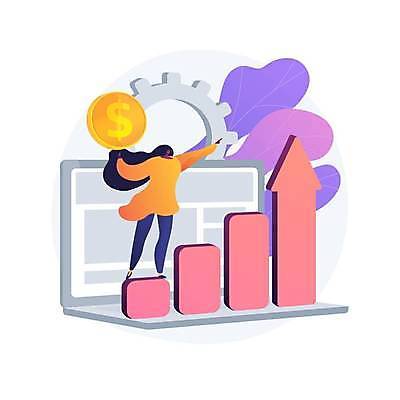 EPS 해외이미지 전신 여자 화살표 일러스트 비즈니스 한명 성인 노트북 동전 가리킴 상승 단계 성인여자한명만 해외일러스트 1 컨셉 돈 사람 손짓 전자제품 여자한명만 성인여자만 파일형식 벡터 이미지허브