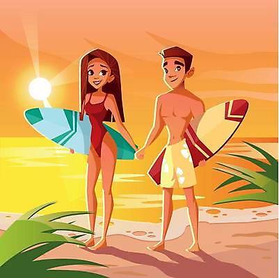 EPS 해외이미지 전신 커플 여자 남자 파도 바다 잎 일러스트 들기 성인 해변 야외 두명 노을 손잡기 주황색 일몰 서핑보드 서퍼 성인만 해외일러스트 자연요소 식물 컬러 관계 모션 운동선수 사람 보드_스포츠 파일형식 벡터 이미지허브