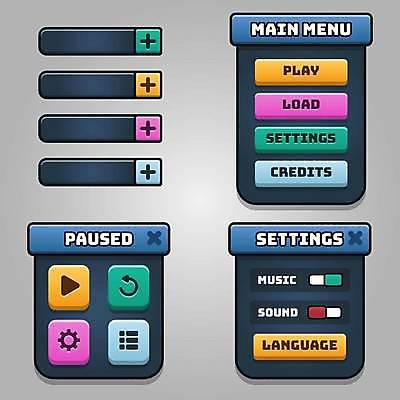 EPS 해외이미지 화살표 일러스트 사람없음 게임 메뉴 옵션 톱니바퀴 UI 인터페이스 플레이 환경설정 해외일러스트 놀이 설정 파일형식 벡터 이미지허브