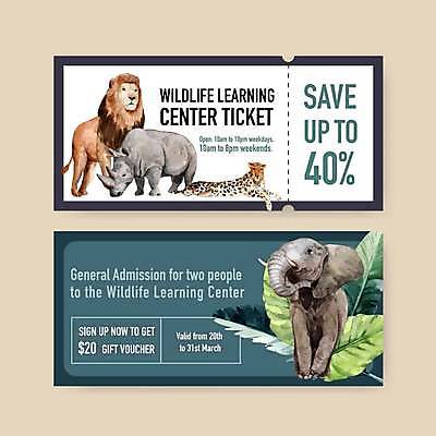 EPS 해외이미지 영어 여러마리 일러스트 코끼리 동물원 타이포그라피 사람없음 파란색 세일 티켓 사자 상품권 야자수잎 표범 해외일러스트 문자 컬러 다수 잎 포유류 파일형식 벡터 이미지허브