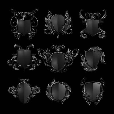 EPS 해외이미지 일러스트 사람없음 세트 라벨 검은색 앤티크 분위기 엔틱문양 바로크 바로크양식 방패모양 해외일러스트 모양 문양 컬러 컨셉 프레임 방패 파일형식 벡터 이미지허브