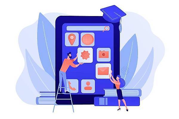 EPS 해외이미지 전신 여자 교육 남자 일러스트 학사모 들기 성인 두명 파란색 스마트폰 어플리케이션 성인만 코랄 해외일러스트 모자_잡화 컬러 졸업 모션 사람 핸드폰 스마트기기 파일형식 벡터 이미지허브