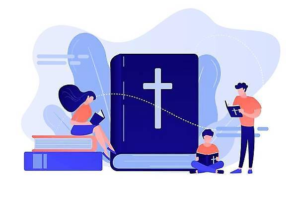 EPS 해외이미지 디자인 여자 남자 종교 분홍색 컨셉 십자가 일러스트 들기 성인 파란색 믿음 성경 플랫 읽기 레이아웃 신성 성경공부 신앙심 얼굴없음 성인만 해외일러스트 감정 컬러 종교용품 모션 사람 학습 파일형식 벡터 이미지허브