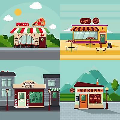 EPS 해외이미지 가로등 의자 일러스트 탁자 산 간판 사람모양 사람없음 건물 세트 태양 상점 카페 빵집 파라솔 이발소 입간판 피자집 해외일러스트 자연요소 모양 건축물 공공시설 가구 뷰티샵 파일형식 벡터 이미지허브