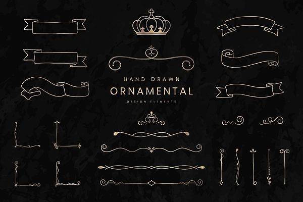 EPS 해외이미지 디자인 리본 곡선 일러스트 추상 왕관 사람없음 세트 고급 라인아트 고딕 바로크 엘리먼트 해외일러스트 선 컨셉 무늬 파일형식 벡터 이미지허브