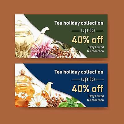 EPS 해외이미지 영어 꽃 일러스트 타이포그라피 사람없음 초록색 파란색 세일 티켓 찻주전자 상품권 찻잎 해외일러스트 식물 문자 컬러 주전자 차_음료 파일형식 벡터 이미지허브