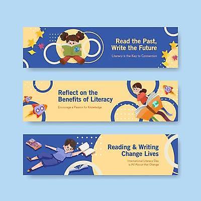 EPS 해외이미지 전신 템플릿 배너 여자 교육 기념일 남자 가로배너 별 어린이 일러스트 들기 소년 상반신 책 세명 파란색 독서 노란색 로켓 비행 우주선 비행선 어린이만 배너세트 문해 해외일러스트 자연요소 컬러 모션 사람 이벤트 가로 세트 우주 파일형식 벡터 이미지허브